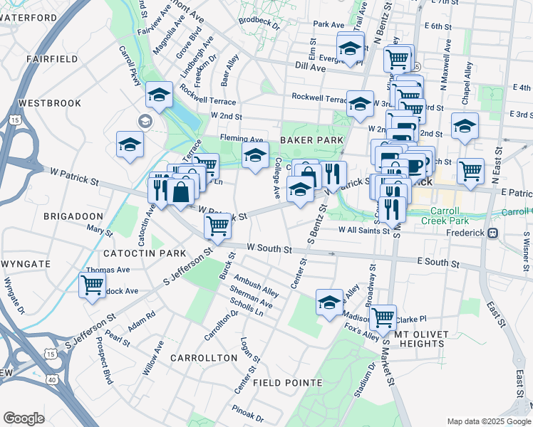 map of restaurants, bars, coffee shops, grocery stores, and more near 322 West Patrick Street in Frederick