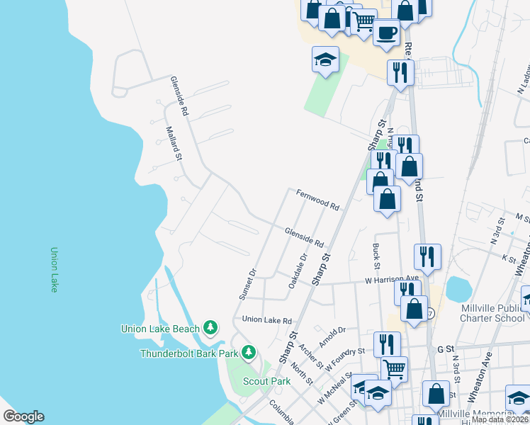 map of restaurants, bars, coffee shops, grocery stores, and more near 600 Glenside Road in Millville