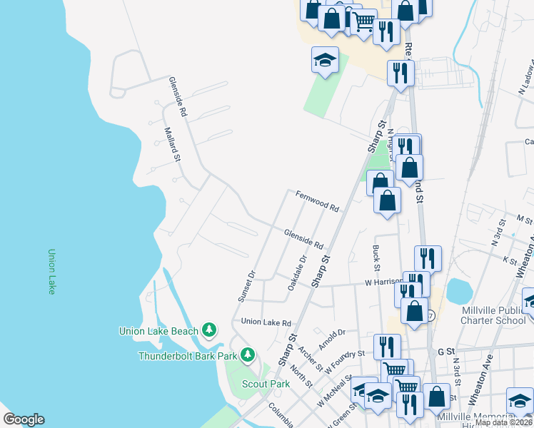 map of restaurants, bars, coffee shops, grocery stores, and more near 600 Glenside Road in Millville
