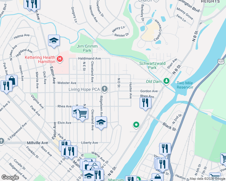 map of restaurants, bars, coffee shops, grocery stores, and more near in Hamilton
