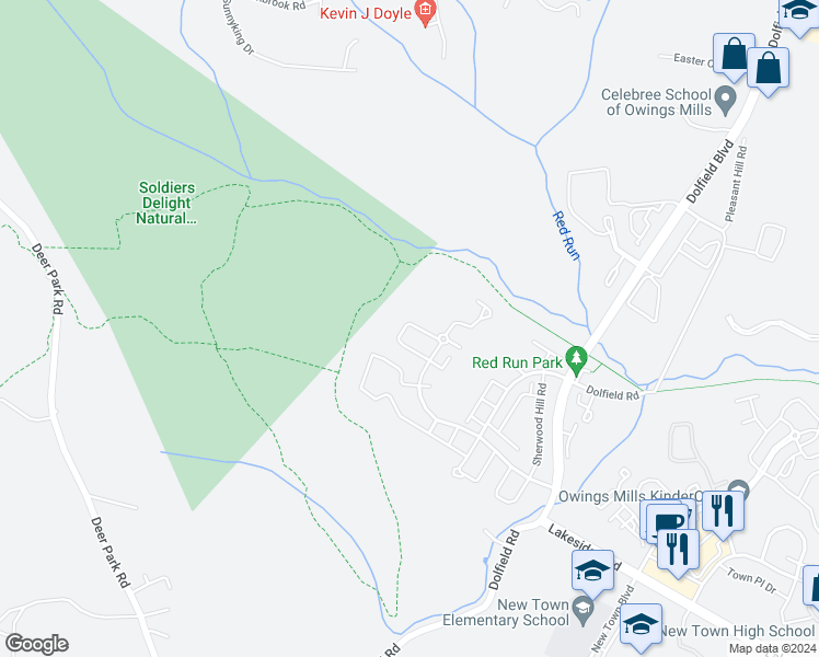 map of restaurants, bars, coffee shops, grocery stores, and more near 9872 Bayline Circle in Owings Mills