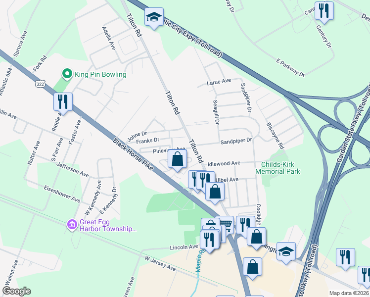 map of restaurants, bars, coffee shops, grocery stores, and more near 35 Pineview Avenue in Egg Harbor Township