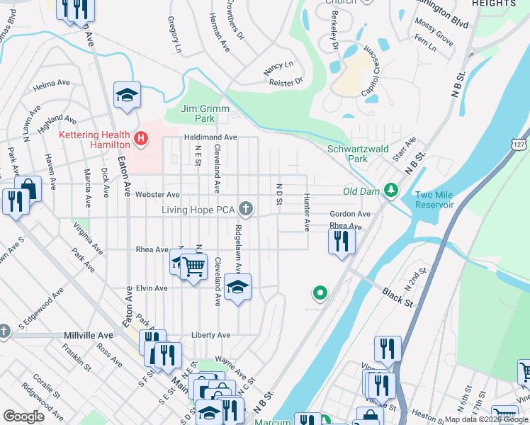 map of restaurants, bars, coffee shops, grocery stores, and more near in Hamilton