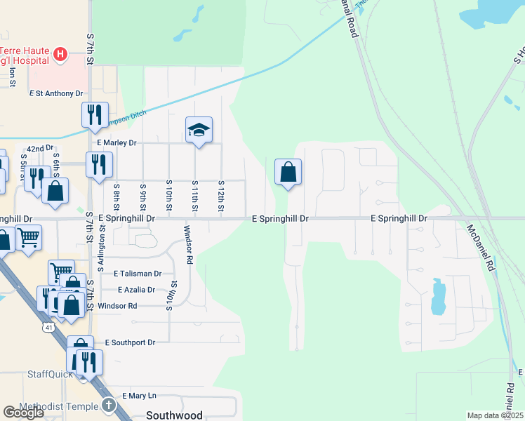 map of restaurants, bars, coffee shops, grocery stores, and more near 1344-1398 East Springhill Drive in Terre Haute