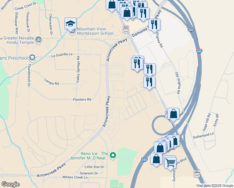 map of restaurants, bars, coffee shops, grocery stores, and more near 500 Arrowcreek Parkway in Reno