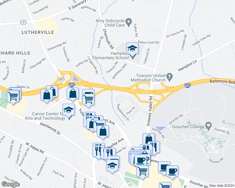 map of restaurants, bars, coffee shops, grocery stores, and more near 22 Alanbrooke Court in Towson