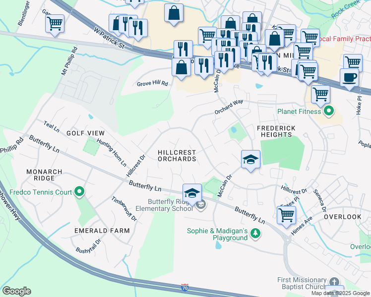 map of restaurants, bars, coffee shops, grocery stores, and more near 1324 Split Rail Lane in Frederick