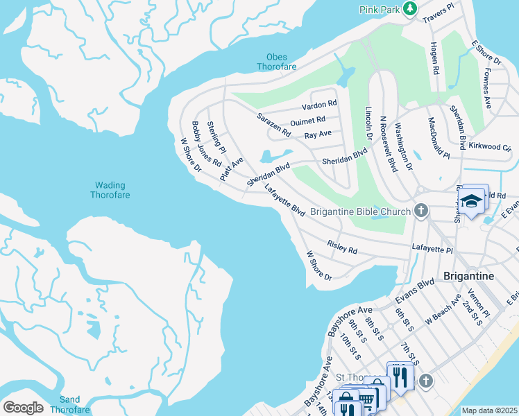 map of restaurants, bars, coffee shops, grocery stores, and more near 552 West Shore Drive in Brigantine