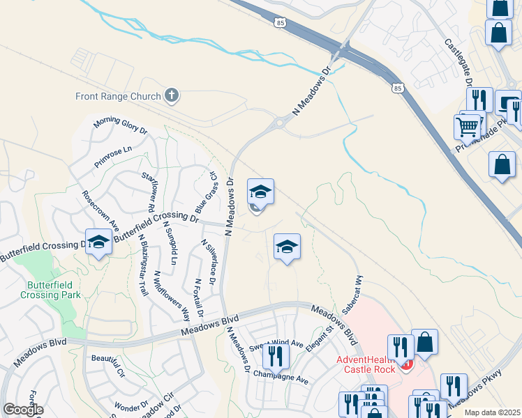 map of restaurants, bars, coffee shops, grocery stores, and more near 5254 North Meadows Drive in Castle Rock