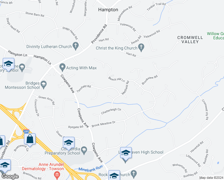 map of restaurants, bars, coffee shops, grocery stores, and more near 1215 Temfield Road in Towson