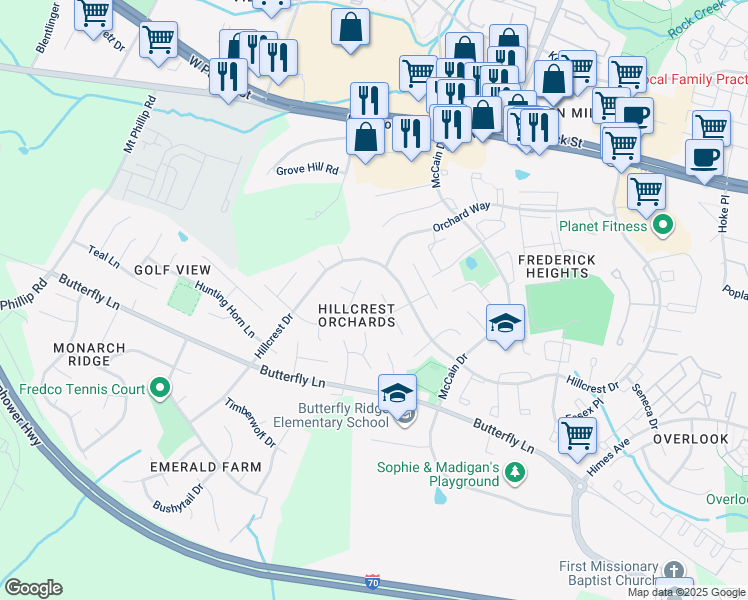 map of restaurants, bars, coffee shops, grocery stores, and more near 1324 Split Rail Lane in Frederick