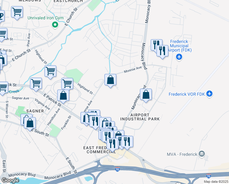 map of restaurants, bars, coffee shops, grocery stores, and more near 200 Monroe Avenue in Frederick