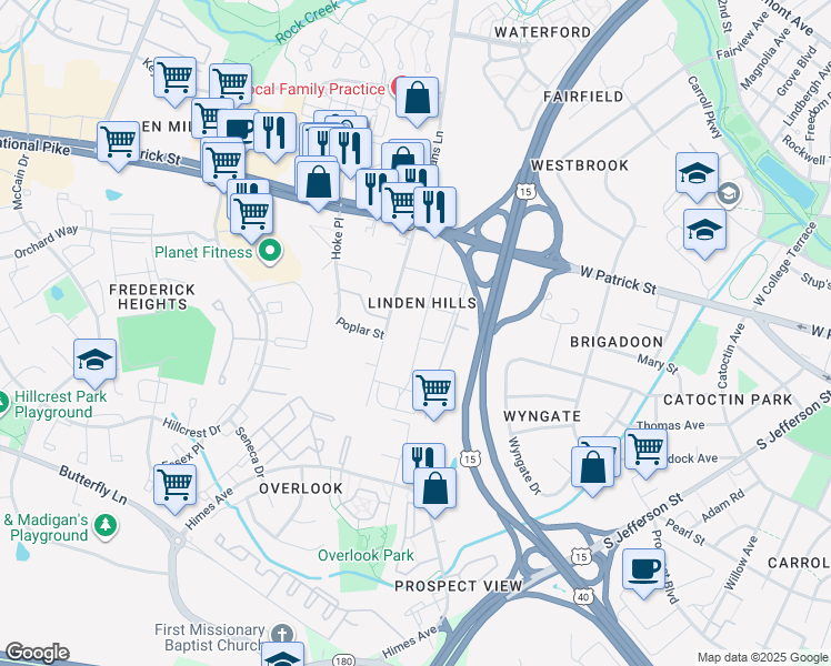 map of restaurants, bars, coffee shops, grocery stores, and more near 211 Locust Street in Frederick