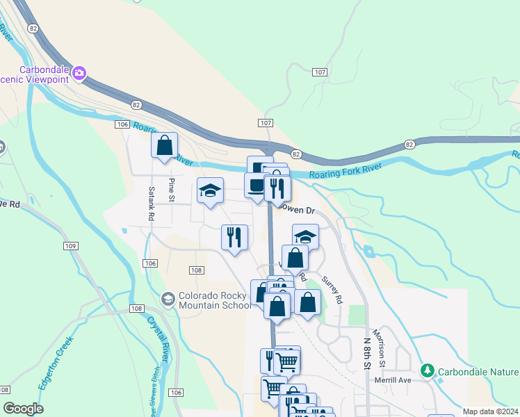 map of restaurants, bars, coffee shops, grocery stores, and more near 211 Colorado 133 in Carbondale