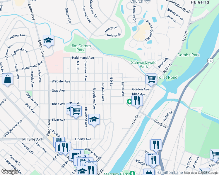 map of restaurants, bars, coffee shops, grocery stores, and more near 703 North D Street in Hamilton