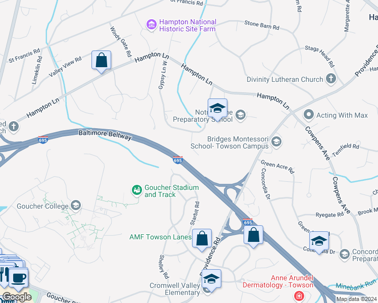 map of restaurants, bars, coffee shops, grocery stores, and more near 1008 Katy Lane in Towson