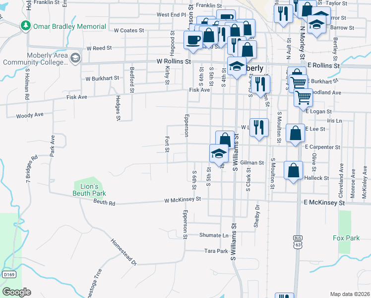 map of restaurants, bars, coffee shops, grocery stores, and more near 605 Gilman Street in Moberly