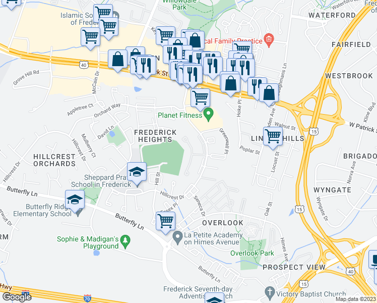 map of restaurants, bars, coffee shops, grocery stores, and more near 49 North Pendleton Court in Frederick