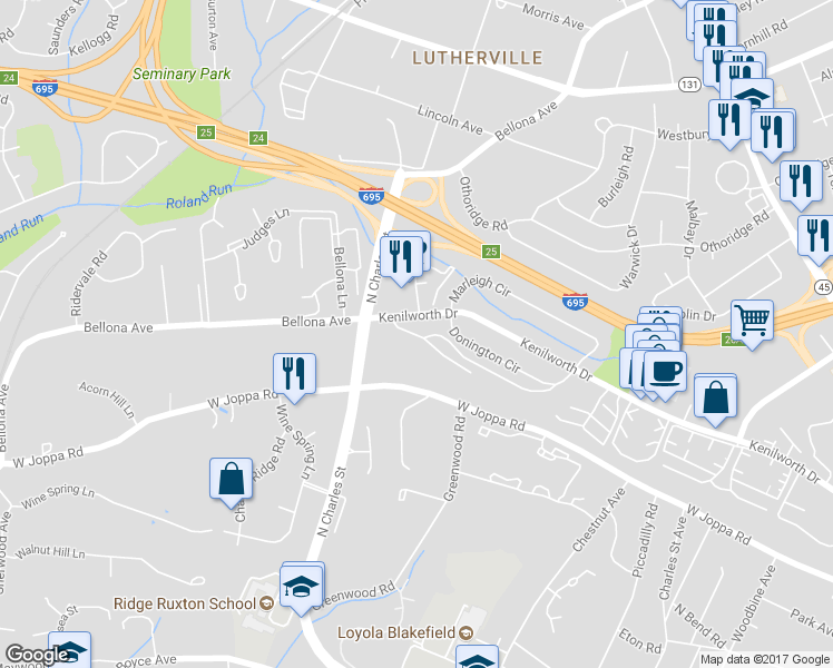 map of restaurants, bars, coffee shops, grocery stores, and more near 1147 Charles View Way in Towson