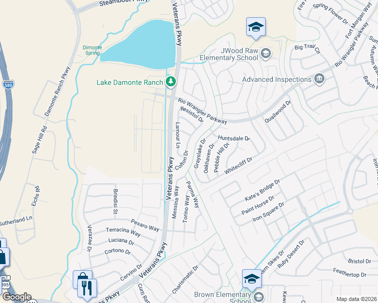 map of restaurants, bars, coffee shops, grocery stores, and more near 10763 Grayslake Drive in Reno