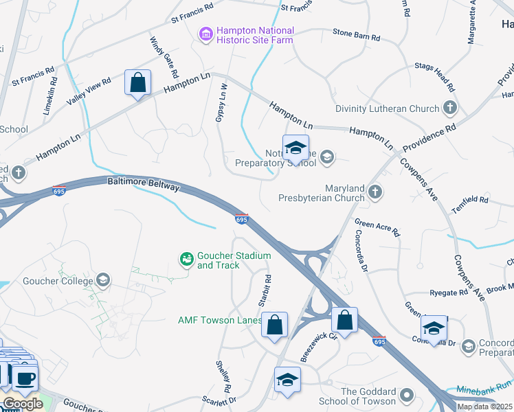 map of restaurants, bars, coffee shops, grocery stores, and more near 1008 Katy Lane in Towson