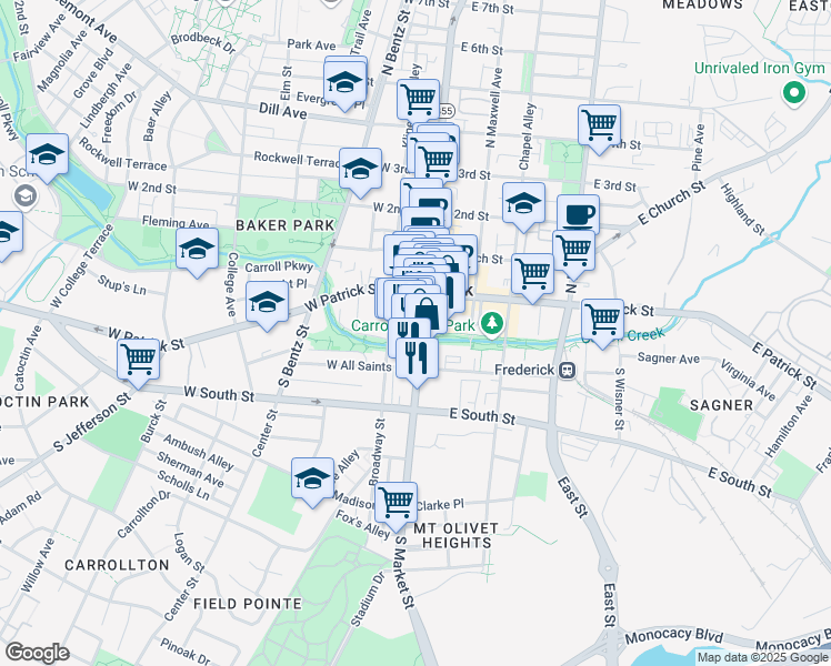 map of restaurants, bars, coffee shops, grocery stores, and more near 49 South Market Street in Frederick