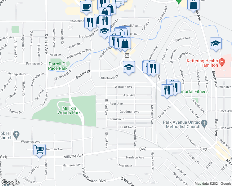 map of restaurants, bars, coffee shops, grocery stores, and more near 1200 Azel Avenue in Hamilton
