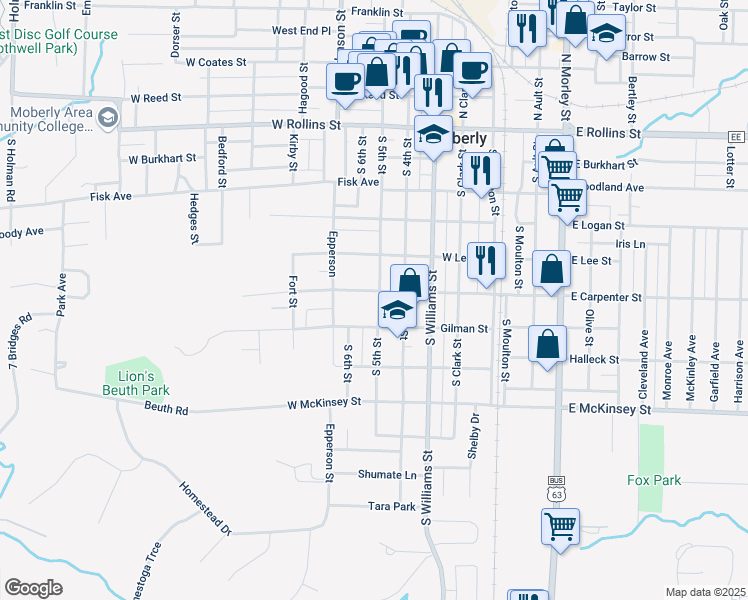 map of restaurants, bars, coffee shops, grocery stores, and more near 605 South 5th Street in Moberly