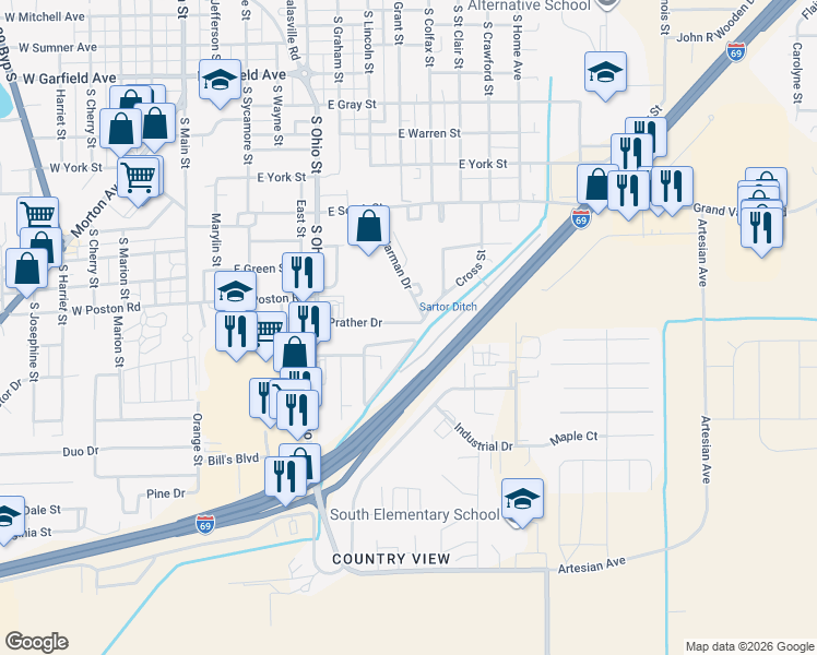 map of restaurants, bars, coffee shops, grocery stores, and more near 739 Prather Drive in Martinsville