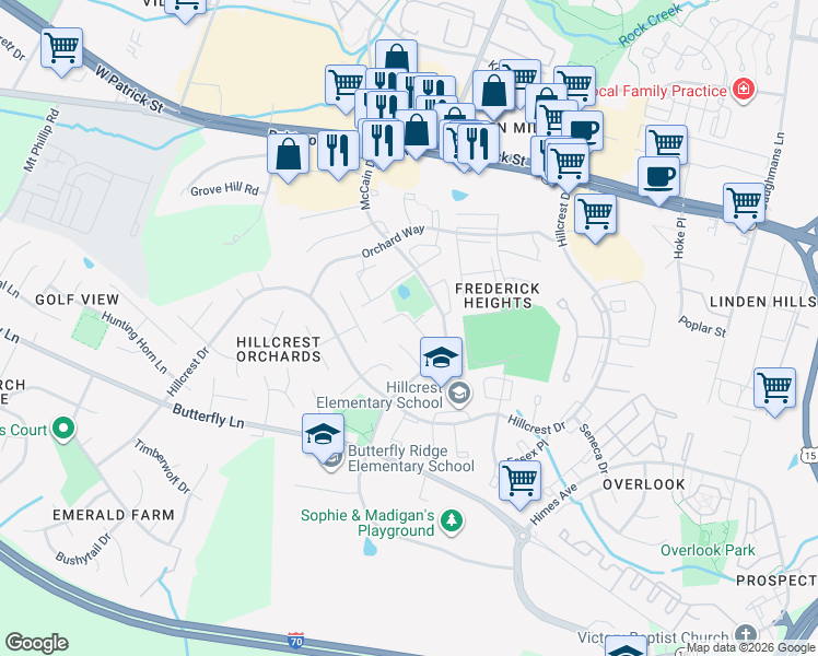 map of restaurants, bars, coffee shops, grocery stores, and more near 1313 Danberry Drive in Frederick