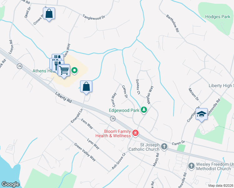 map of restaurants, bars, coffee shops, grocery stores, and more near 5957 Cecil Way in Eldersburg
