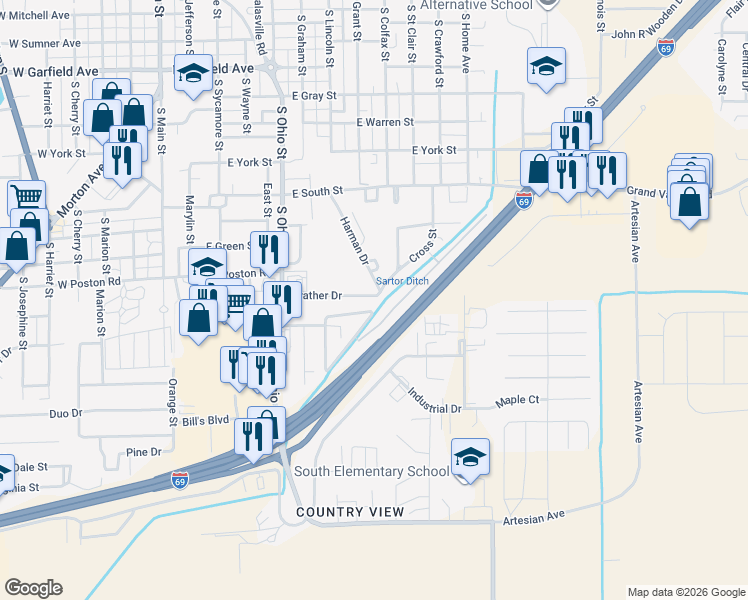 map of restaurants, bars, coffee shops, grocery stores, and more near 739 Prather Drive in Martinsville