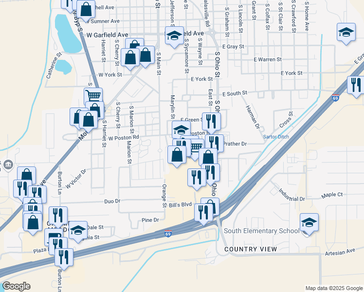 map of restaurants, bars, coffee shops, grocery stores, and more near 139 East Poston Road in Martinsville