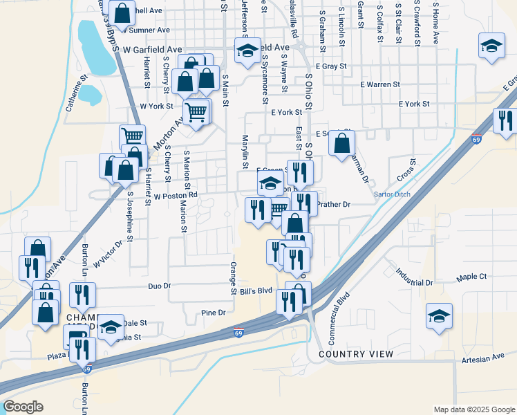 map of restaurants, bars, coffee shops, grocery stores, and more near 139 East Poston Road in Martinsville