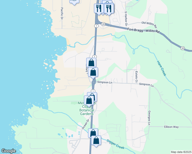 map of restaurants, bars, coffee shops, grocery stores, and more near 18501 California 1 in Fort Bragg