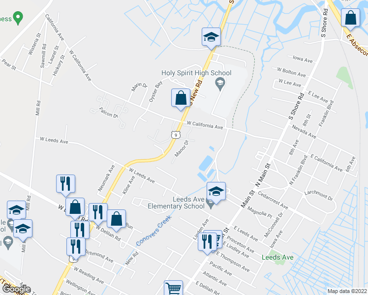 map of restaurants, bars, coffee shops, grocery stores, and more near 426 Manor Drive in Absecon