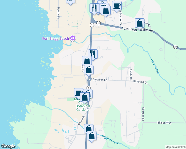 map of restaurants, bars, coffee shops, grocery stores, and more near 18501 California 1 in Fort Bragg