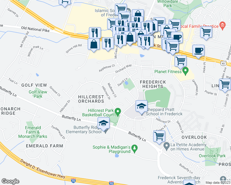 map of restaurants, bars, coffee shops, grocery stores, and more near 1321 Mulberry Court in Frederick