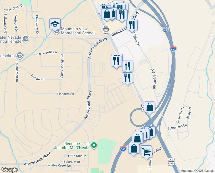 map of restaurants, bars, coffee shops, grocery stores, and more near 125 Hayes Cir in Reno