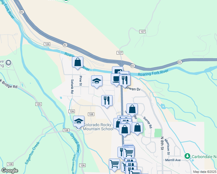 map of restaurants, bars, coffee shops, grocery stores, and more near 211 Colorado 133 in Carbondale