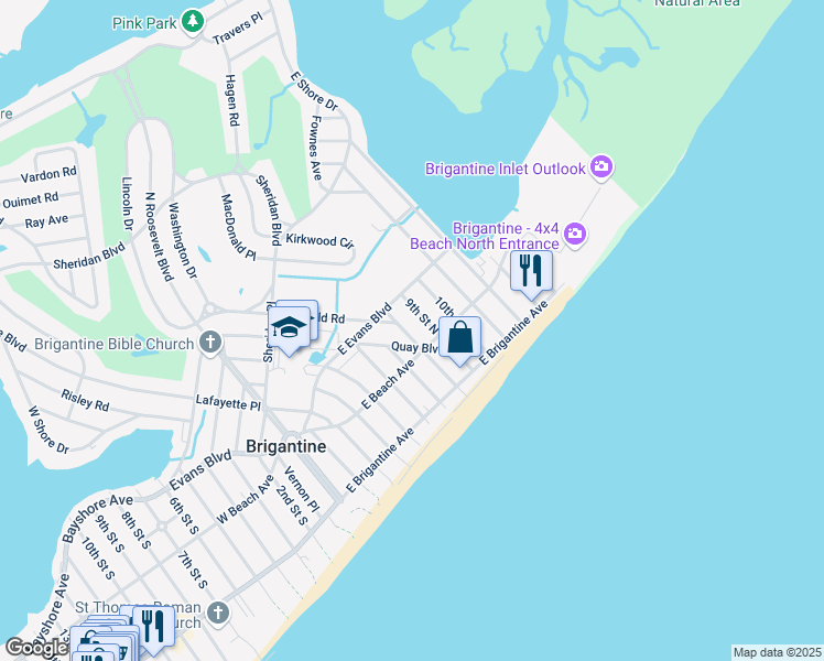 map of restaurants, bars, coffee shops, grocery stores, and more near 801 East Beach Avenue in Brigantine