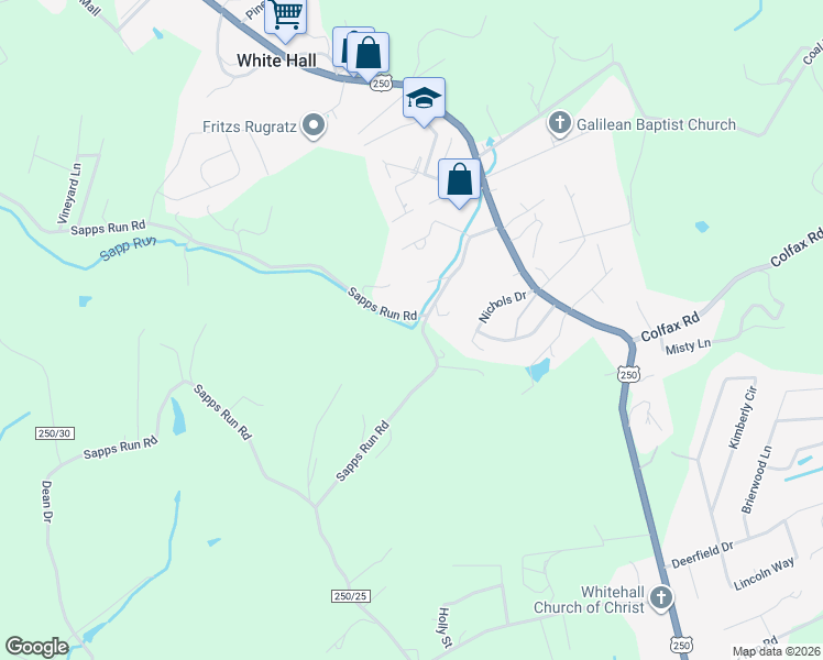 map of restaurants, bars, coffee shops, grocery stores, and more near 648 Sapps Run Road in Fairmont