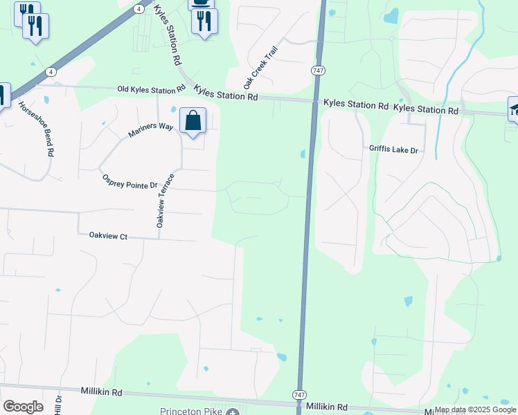 map of restaurants, bars, coffee shops, grocery stores, and more near 5695 Princeton Glendale Road in Butler County