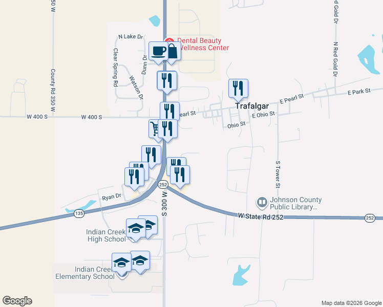 map of restaurants, bars, coffee shops, grocery stores, and more near in Trafalgar