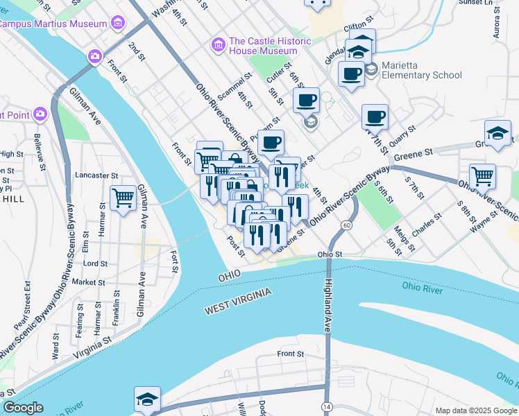 map of restaurants, bars, coffee shops, grocery stores, and more near 190 2nd Street in Marietta
