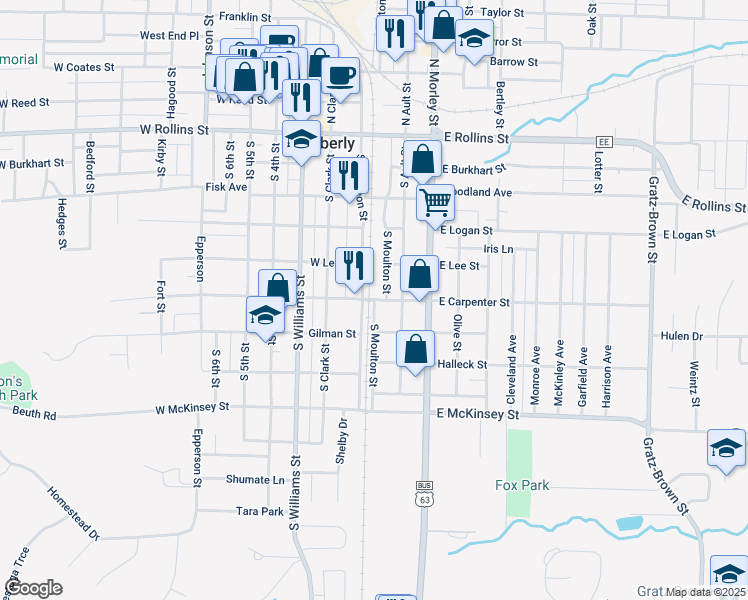 map of restaurants, bars, coffee shops, grocery stores, and more near South Moulton Street in Moberly