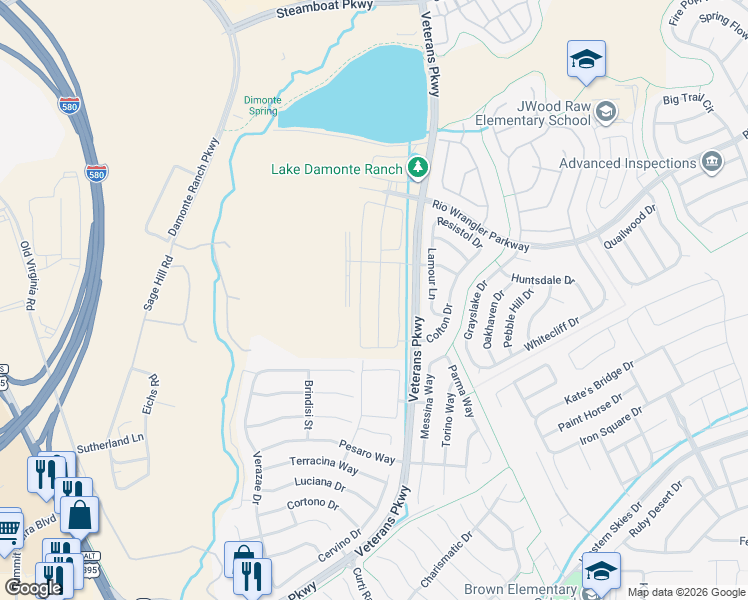 map of restaurants, bars, coffee shops, grocery stores, and more near Veterans Parkway in Reno