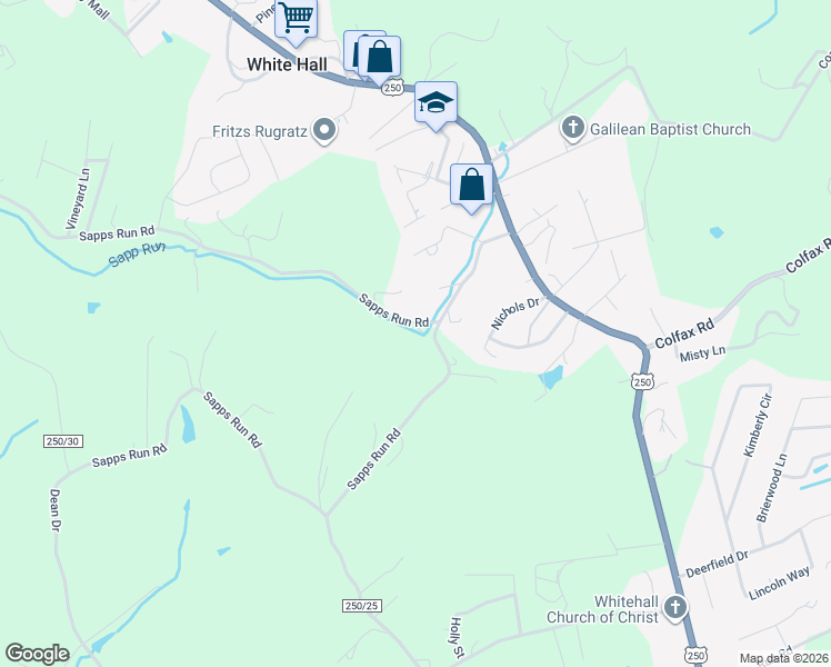 map of restaurants, bars, coffee shops, grocery stores, and more near 648 Sapps Run Road in Fairmont