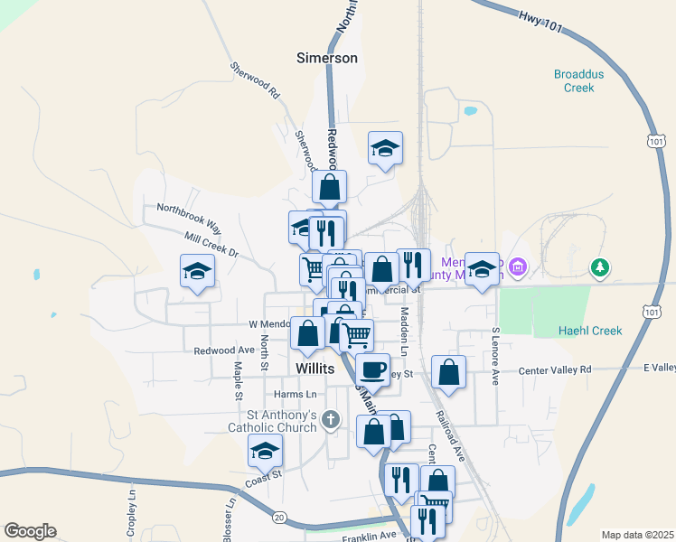 map of restaurants, bars, coffee shops, grocery stores, and more near 66-98 East Commercial Street in Willits