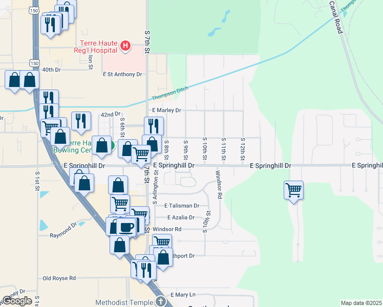 map of restaurants, bars, coffee shops, grocery stores, and more near 941 Springdale Lane in Terre Haute